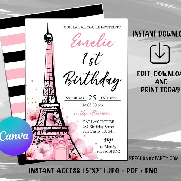 Paris Birthday Invitation Template, Paris Birthday Party Invitation, Eiffel Tower, Oh La La, Paris Theme Birthday Party