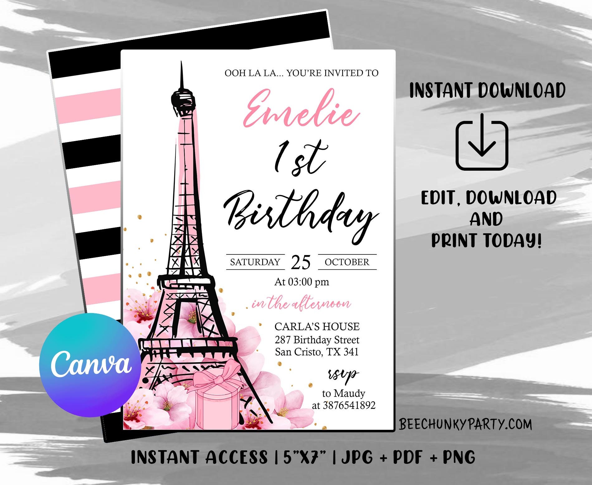 Paris Birthday Invitation Template, Paris Birthday Party Invitation, Eiffel Tower, Oh La La, Paris Theme Birthday Party