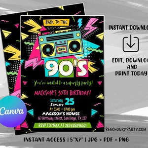 Bearbeitbare 90er Geburtstagseinladung, 90er Party Einladung, 90er Geburtstag einladen, Retro Geburtstagsfeier mit CANVA