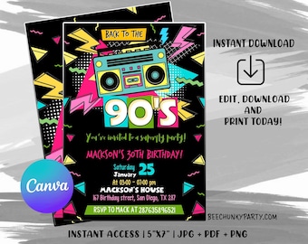 Editable 90's Birthday Invitation, 90's Party Invitation, 90's Birthday Invite, Retro Birthday Party with CANVA