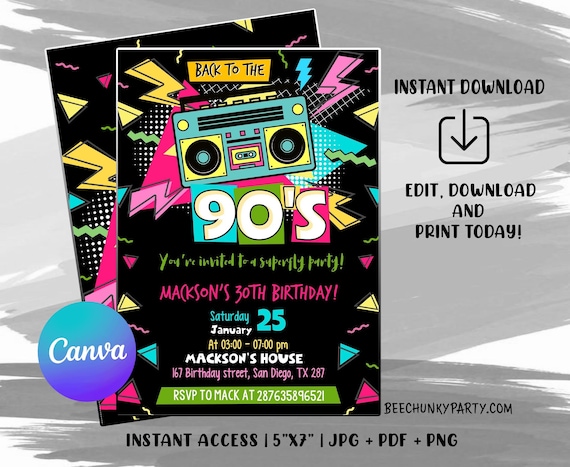 Editable 90's Birthday Invitation, 90's Party Invitation, 90's Birthday Invite, Retro Birthday Party with CANVA