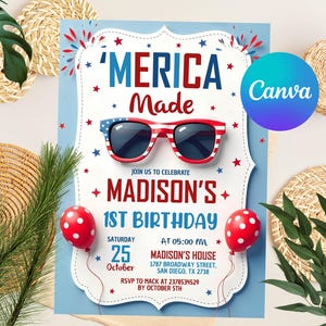 Merica 4. Juli Einladung Rot, Weiß & Blau Grillen Amerika USA Party Patriotische Sterne Bearbeitbare Digitale Vorlage Download Druckbare