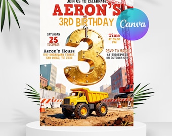 Construction Birthday Invitation, Construction Invitation, Dump Truck Party Invite, 3rd Birthday Invite Printable Template, Editable Canva