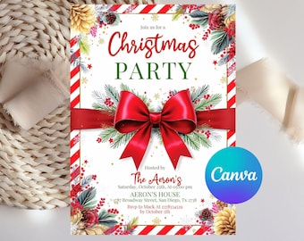Puede incluir: Una invitación a una fiesta de Navidad con un lazo rojo, vegetación festiva y el texto "Christmas Party". La invitación incluye detalles del evento y está organizada por The Aeron's. Logotipo de Canva.