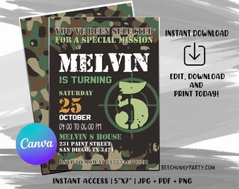 Editable Army Birthday Invitation, Army Invitation, Army Template Download, Digital File Instant Download, Digital CANVA