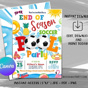 Editable Soccer Pool Party Invitation, Sports Summer Pool Party, Sports Pool Birthday Party, Pool Party Birthday, Instant Download