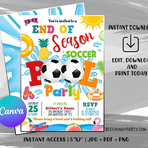 Editable Soccer Pool Party Invitation, Sports Summer Pool Party, Sports Pool Birthday Party, Pool Party Birthday, Instant Download