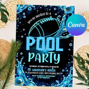 Faire-part de football au bord de la piscine modifiable, faire-part d'anniversaire piscine, faire-part d'anniversaire football, anniversaire d'été sportif garçon, toile