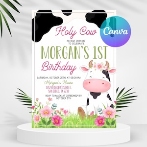 Heilige koe verjaardagsuitnodiging, uitnodiging cowgirl, heilige koe meisje 1e verjaardag uitnodigen, uitnodiging Holly Cow, Barnyard Party, bewerkbare Canva