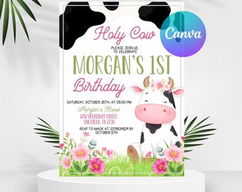 Holy Cow Birthday Invitation, Cowgirl Invitation, Holy Cow Girl 1st Birthday Invite, Holly Cow Invitation, Barnyard Party, Editable Canva