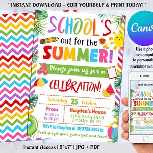 Bearbeitbare Ende der Schulparty Schools Out Party Einladung, Download Sommer einladen mit CANVA