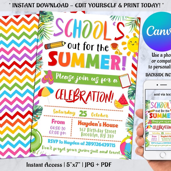 Editable End of School Party Schools Out Party Invitation, Download Summer Invite with CANVA