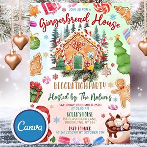Bearbeitbare Lebkuchenhaus Dekoration Party Einladung Vorlage, Digitaler Urlaub einladen, Weihnachtsparty Einladung, Digitaler Download