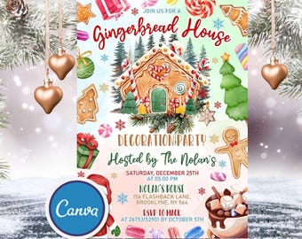 Editable Gingerbread House Decorating Party Invitation Template, Digital Holiday Invite, Christmas Party Invitation, Digital Download