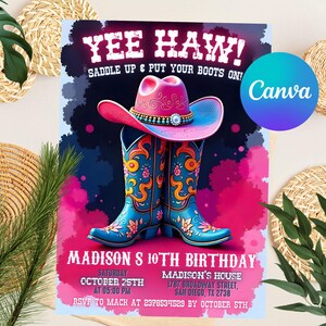 Pink Cowgirl Birthday Invitation, Cowgirl Hoedown Birthday Party Invite, Pink Disco Cowgirl Hoedown Party , Disco Rodeo Invite, Nashville
