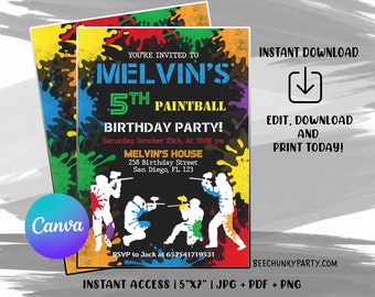 May include: A colorful invitation for a 5th birthday party with a paintball theme. The invitation features a black background with colorful paint splatters and silhouettes of people playing paintball. The text on the invitation reads "You're invited to Melvin's 5th Paintball Birthday Party!" with the date, time, and location of the party.