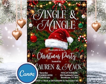 Op de afbeelding: Een kerstfeest uitnodiging met een rode en groene achtergrond met een kerstmanmuts, dennentakken en lampjes. De tekst luidt "Jingle & Mingle" en "Christmas Party" met de namen van de gastheren "Lauren & Mack". De uitnodiging bevat de datum, tijd en locatie van het feest.