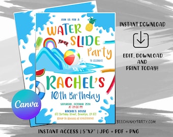 Editable Water Slide Birthday Splash Party Invitation, Waterslide Bash, DIGITAL Printable with CANVA