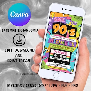 May include: A digital invitation for a 25th birthday party with a 90s theme. The invitation features a cassette tape design with the text "Back to the 90's" and "Michael's 25th Birthday". The invitation is in a bright, colorful style with geometric shapes and patterns.