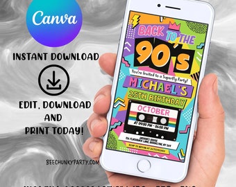 90's Birthday Invitation, 90's Party Invite, 90's Birthday Party, Back to the 90's Theme Invite, Retro 1990's Invitation, Mobile Invitation