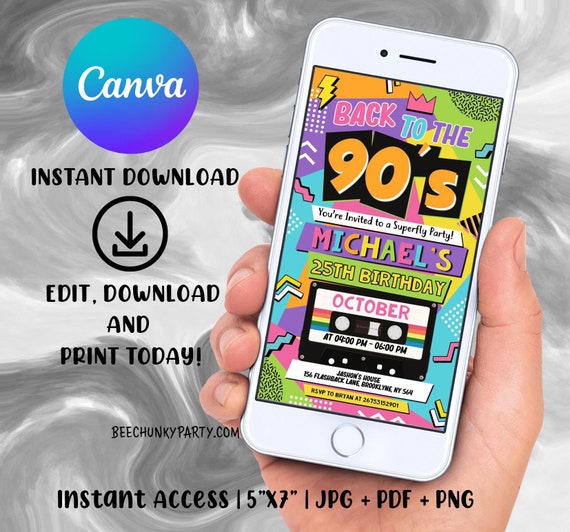 90's Birthday Invitation, 90's Party Invite, 90's Birthday Party, Back to the 90's Theme Invite, Retro 1990's Invitation, Mobile Invitation