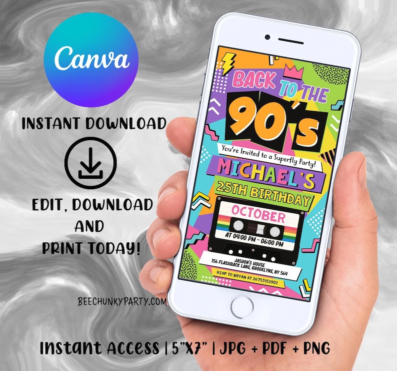 May include: A digital invitation for a 25th birthday party with a 90s theme. The invitation features a cassette tape design with the text "Back to the 90's" and "Michael's 25th Birthday". The invitation is in a bright, colorful style with geometric shapes and patterns.