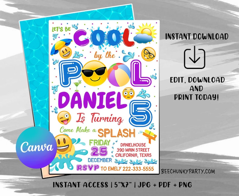 Editable Emoji Pool Party Invitation, Pool Birthday Party Invitation ...