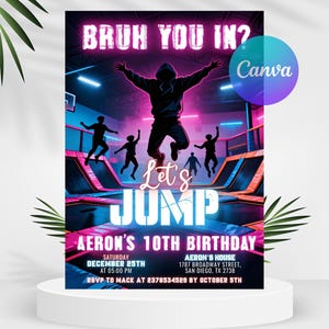 Invitación editable para fiesta de cumpleaños en trampolín, fiesta de saltos para adolescentes, invitación de cumpleaños para adolescentes en el parque, fiesta de saltos, plantilla editable de Canva
