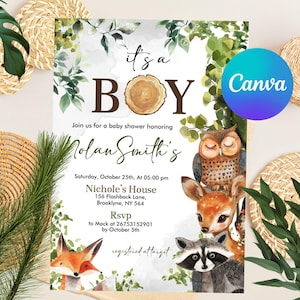 Faire-part de baby shower des bois modifiable, invitation de baby shower animaux de la forêt, invitation d'animaux de la forêt de verdure, modèle de toile