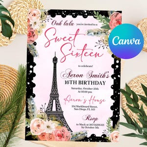 Plantilla de invitación de cumpleaños de París, invitación para fiesta de cumpleaños de París, Torre Eiffel, Oh La La, fiesta de cumpleaños con temática de París