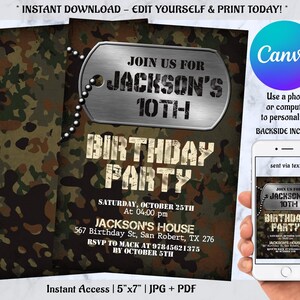Bearbeitbare Armee-Einladung, Armee-Geburtstags-Einladung, Armee-Einladung, Armee-Party-personalisierte Einladung, mit CANVA