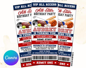 Editable All Star Sport ticket Invitation, Sports Birthday Invitation, Football, baseball, basketball, soccer with Canva