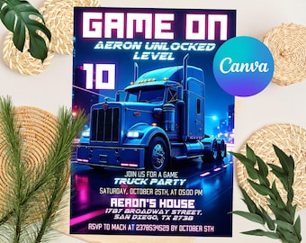 Video Game Truck Birthday Invitation, Neon Gamer Truck Party Invite, Gaming Bus Birthday Invitation, Gaming Truck Invite, Editable Canva