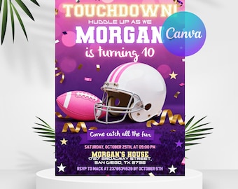 May include: A birthday party invitation with a football theme, featuring a pink and white football and a white helmet with pink stripes. The invitation has text that reads "TOUCHDOWN!" and "MORGAN is turning 10." Event details are also included.
