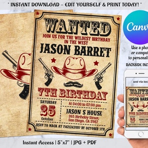 Invitación de cumpleaños occidental, invitación de cartel editable buscado, invitación de cumpleaños de vaquero, fiesta del salvaje oeste, DESCARGA INSTANTÁNEA
