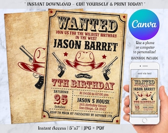 May include: A printable 7th birthday party invitation with a Western theme. The invitation features a wanted poster with a cowboy hat, a moustache, and the text "WANTED" and "7th Birthday". The invitation also includes the birthday boy's name, "Jason Barret", and the date and time of the party.