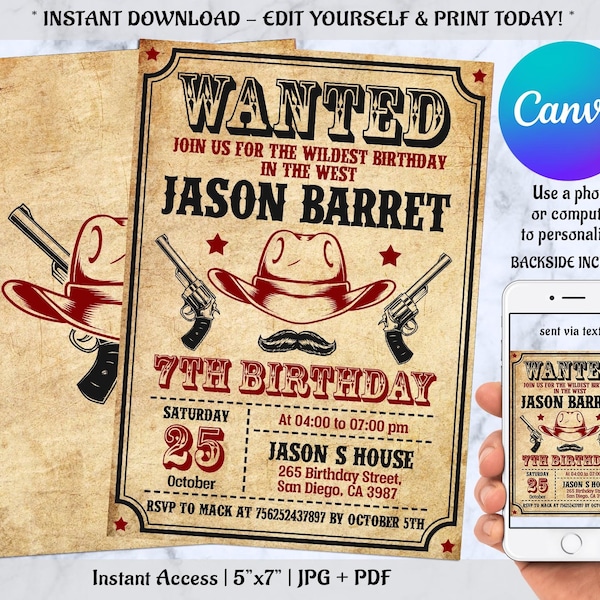 Western Birthday Invitation, EDITABLE Wanted Poster Invitation, Cowboy Birthday Invitation, Wild West Party, INSTANT DOWNLOAD