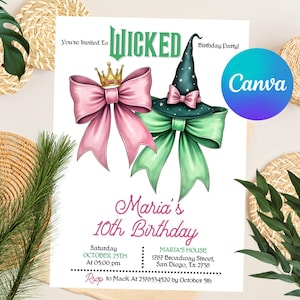 Bearbeitbar Wicked Geburtstagseinladung, Wicked Party Einladung, WICKED inspirierte Kinokarte, Elphaba & Glinda Thema, Filmparty mit Canva