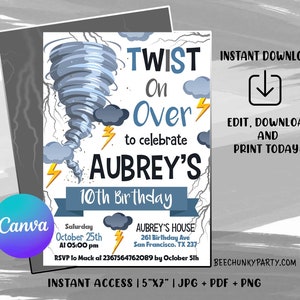 Könnte beinhalten: Eine druckbare Einladung zu einer 10. Geburtstagsfeier mit einem blauen und grauen Tornado-Design. Die Einladung lautet "Twist On Over to Celebrate Aubrey's 10th Birthday".
