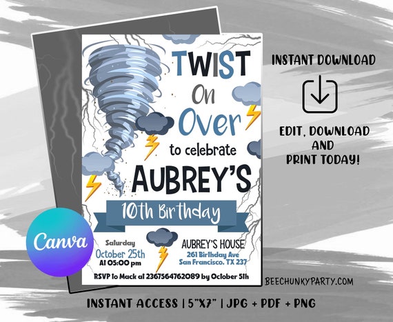 Editable Tornado Birthday Party Invitation, Birthday Invitations, Tornado Party, Tornado Birthday, Tornado Invitations, with CANVA