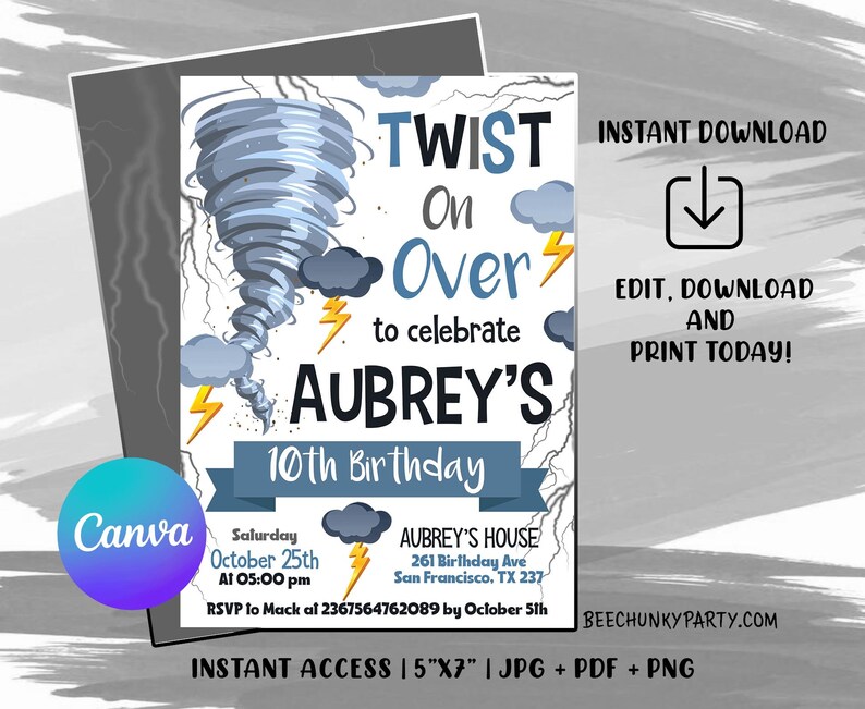 Editable Tornado Birthday Party Invitation, Birthday Invitations, Tornado Party, Tornado Birthday, Tornado Invitations, with CANVA