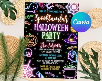 Editable Neon Halloween Party Invite, Glow, Template, Halloween Invitation, Halloween Spooky Party Invite, Fright Night, Instant Download