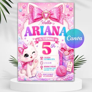 Könnte beinhalten: Eine rosa Geburtstagseinladungskarte mit einem weißen Kätzchen mit rosa Schleife, einer großen rosa Zahl 5, einem Geschenk und einem Wollknäuel. Der Text lautet Hello ARIANA IS TURNING 5th, Saturday October 25th, at 04:00 PM, Ariana's House, 1787 Broadway Street, San Diego, TX 2738, RSVP to Mack at 2378534529.