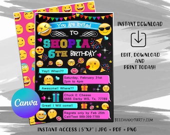 May include: A black and white printable invitation with a chalkboard background and colorful emojis. The invitation is for Shopia's 6th birthday party. The text on the invitation says "You are invited to Shopia's 6th Birthday". The invitation includes the date, time, and location of the party. It also includes a phone number for RSVPs. The invitation is 5" x 7" and is available in JPG, PDF, and PNG formats.