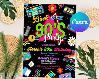 Editable 90's Birthday Invitation, 90's Party Invitation, Back to the 90's, Retro invitation, Neon party glow, Digital Invite