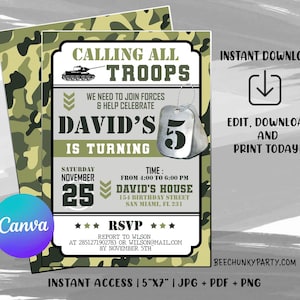 Editable Army Birthday Invitation, Army Invitation, Army Template Download, Digital File Instant Download, Digital Canva