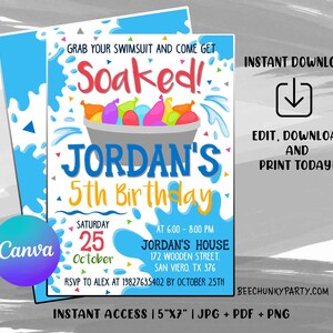 Water Balloon Birthday Invitation, Water Splash Party Invitation, Summer Birthday Invite, Pool Party, Digital file, Instant Download NOW!!