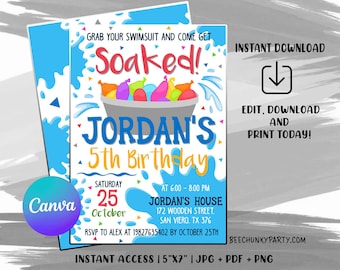 Water Balloon Birthday Invitation, Water Splash Party Invitation, Summer Birthday Invite, Pool Party, Digital file, Instant Download NOW!!