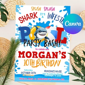 Shark Pool Party Invitation, Shark Birthday Invitation, Shark birthday, Shark Party, Instant Download