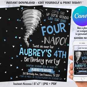Editable Tornado Birthday Party Invitation, Birthday Invitations, Tornado Party, Tornado Birthday, Tornado Invitations, with CANVA